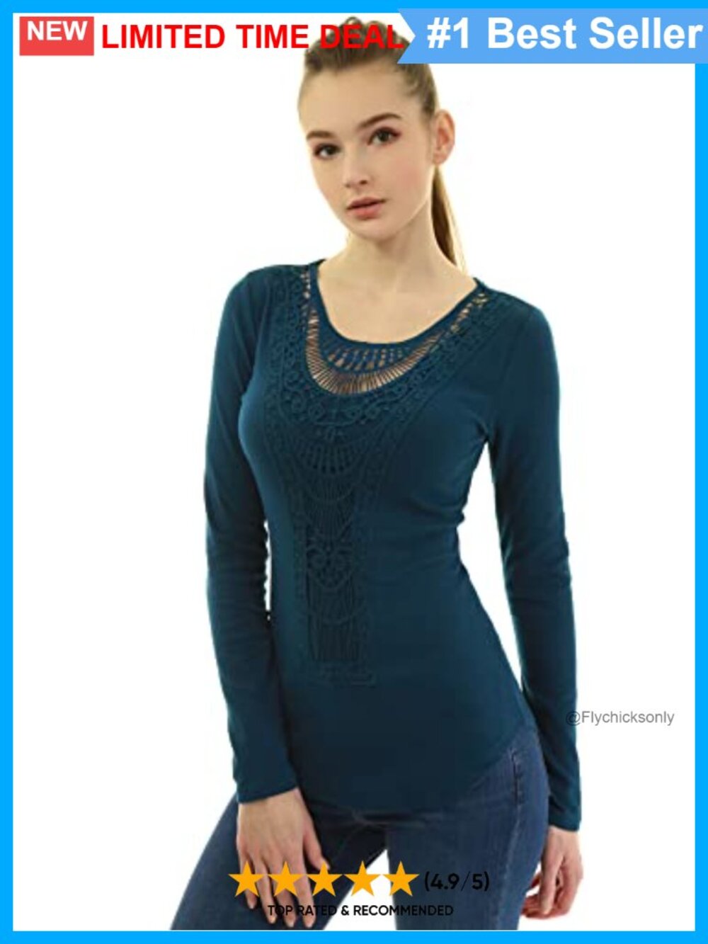 Women Cotton Blend Crochet Lace Inset Curved Hem Slim Fit Blouse